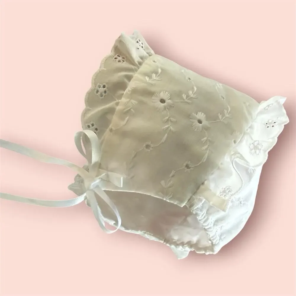 Vtg Antique Baby Bonnet Eyelet Heirloom White Ribbon Tie 1920s Christening Hat